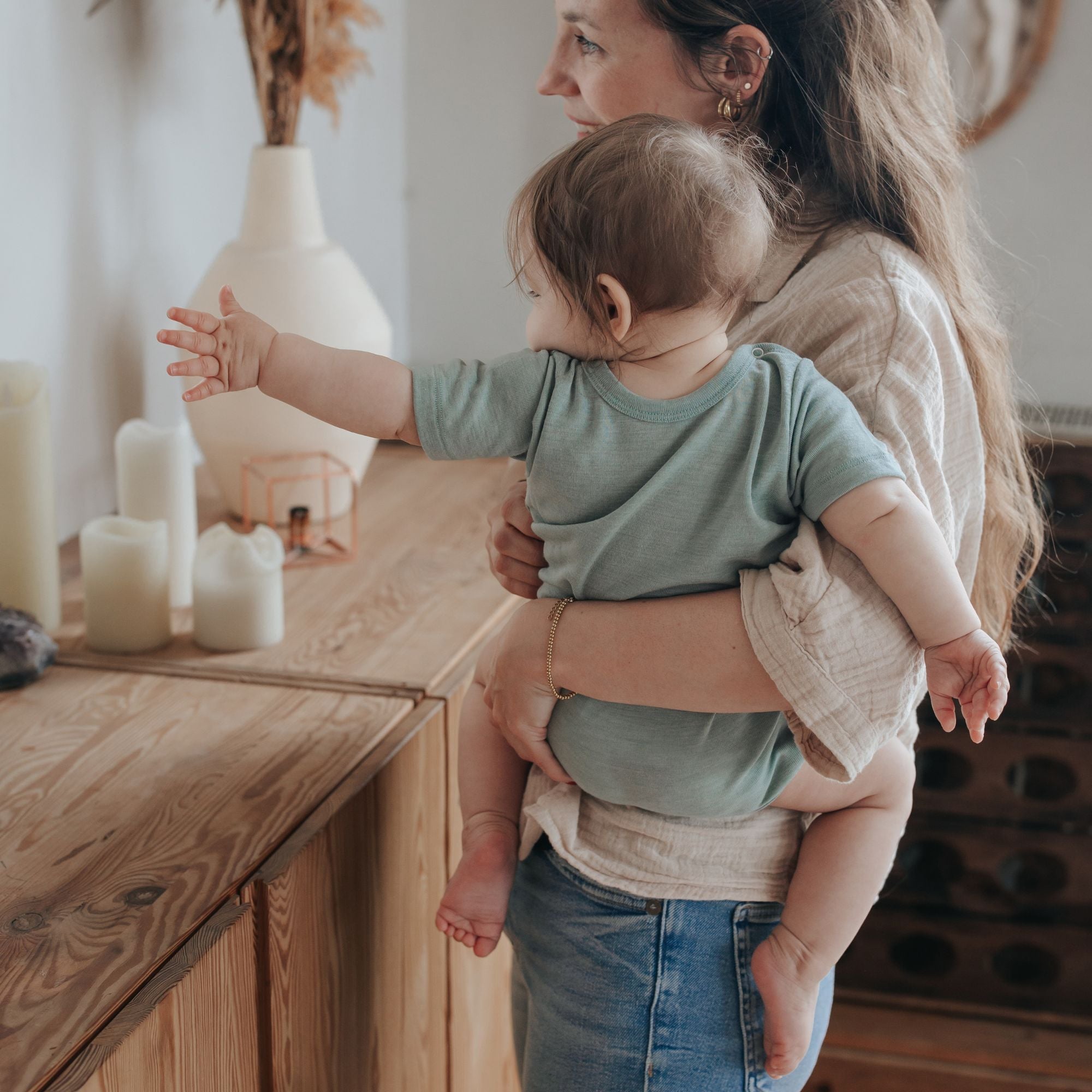 Wol-zijde Romper met korte mouwen | Essential Mint