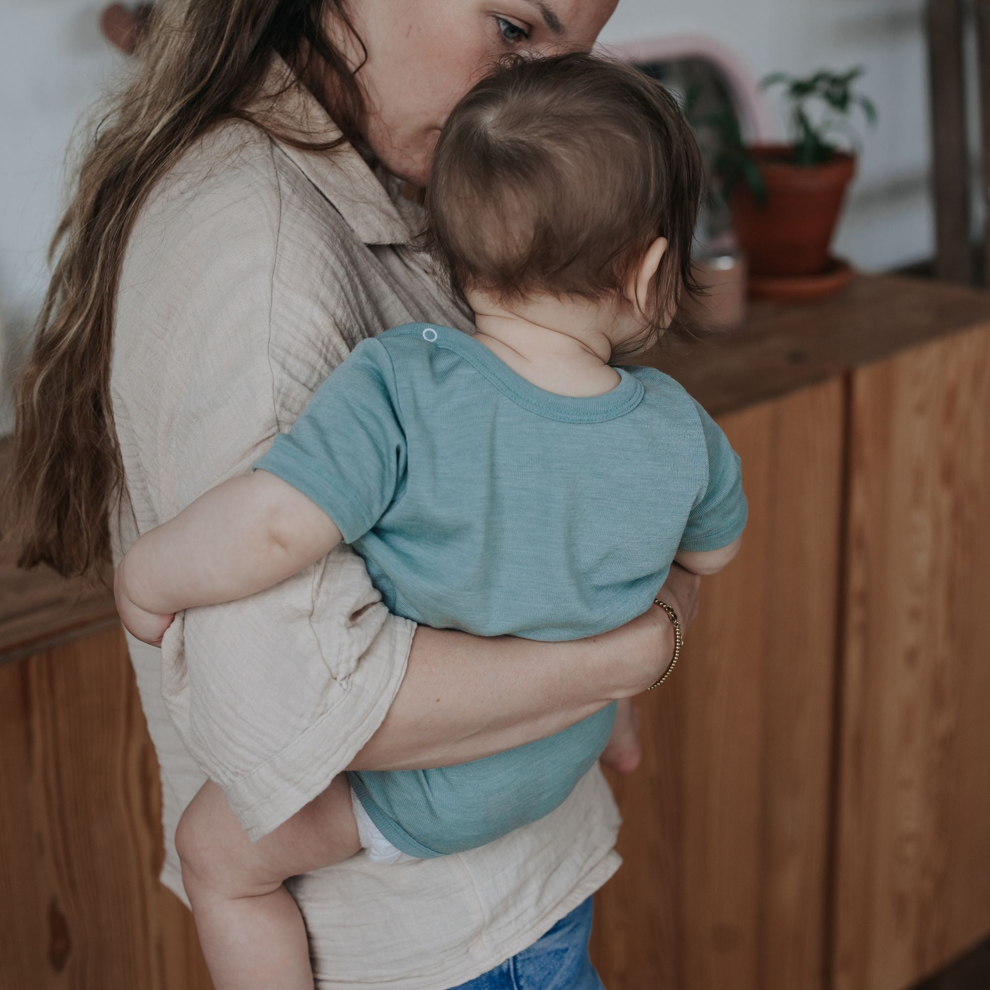 Wol-zijde Romper met korte mouwen | Essential Mint